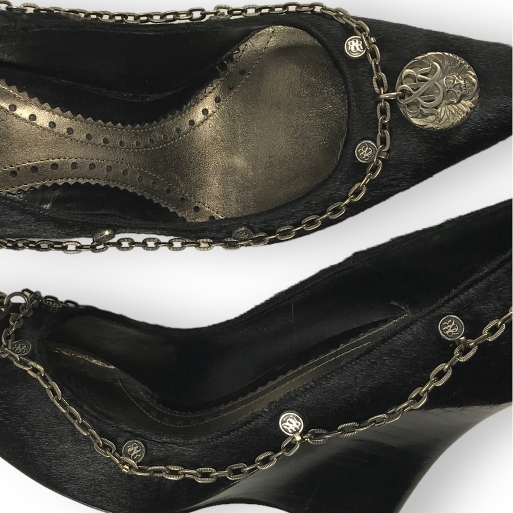 Rock & Republic Pointed Toe Fur Wrap Around Chained Logo Wedge Black Size EU 36 - Picture 4 of 15